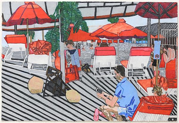 Lisa Reid : Not titled (holiday scene) 2018 colour and grey lead pencil on paper 